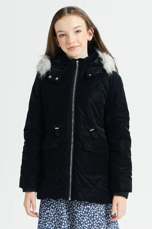 Senior Girls Black Quilted Hooded Fur Jacket Women's fashion jackets sale