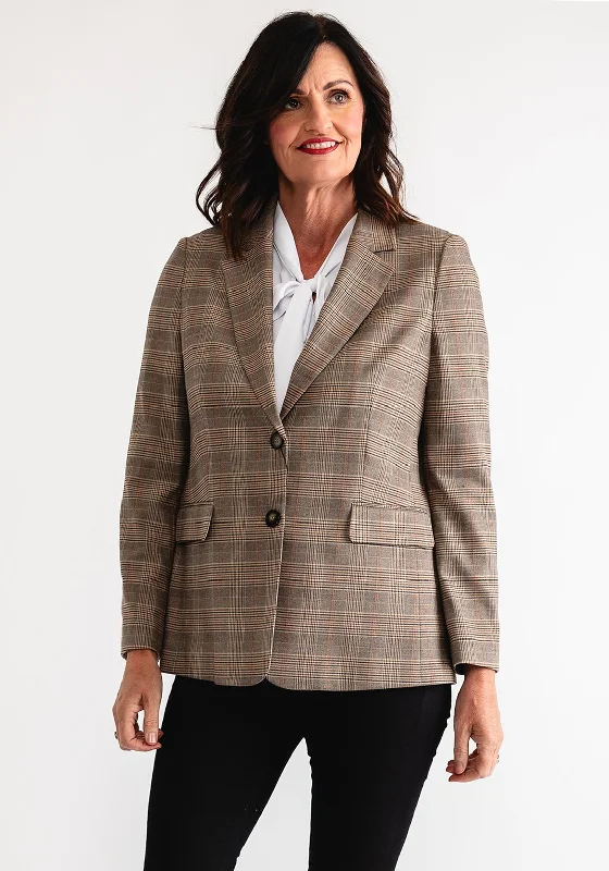 Oui Check Print Single Breasted Blazer, Brown Women's mid-range jackets