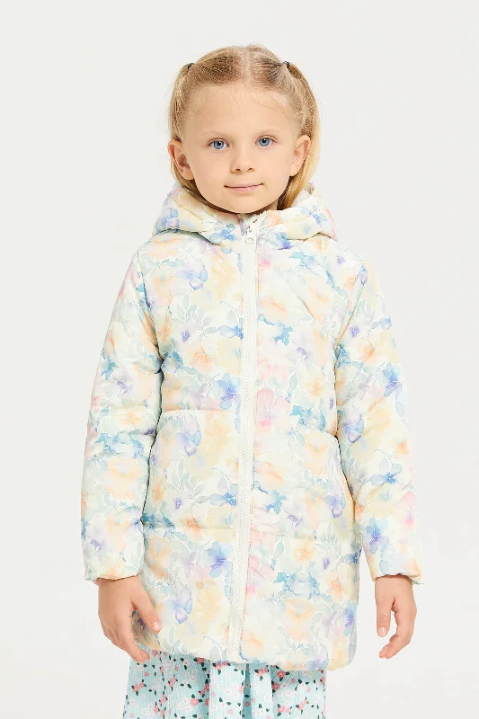 Girl White Floral Long Line Jacket With Hood Women's streetwear jackets