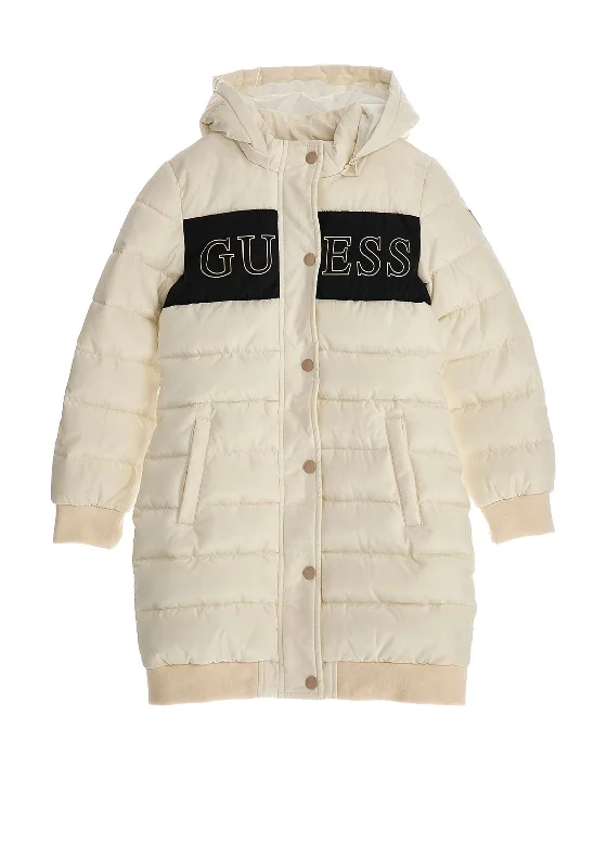 Guess Girls Logo Hooded Puffer Coat, Cream Women's stylish jackets