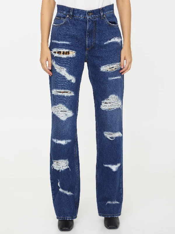 Distressed Jeans With Leo Print