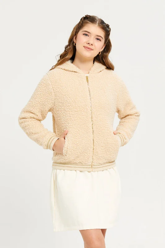 Senior Girls Beige Sherpa Hooded Baseball Jacket Women's designer jackets