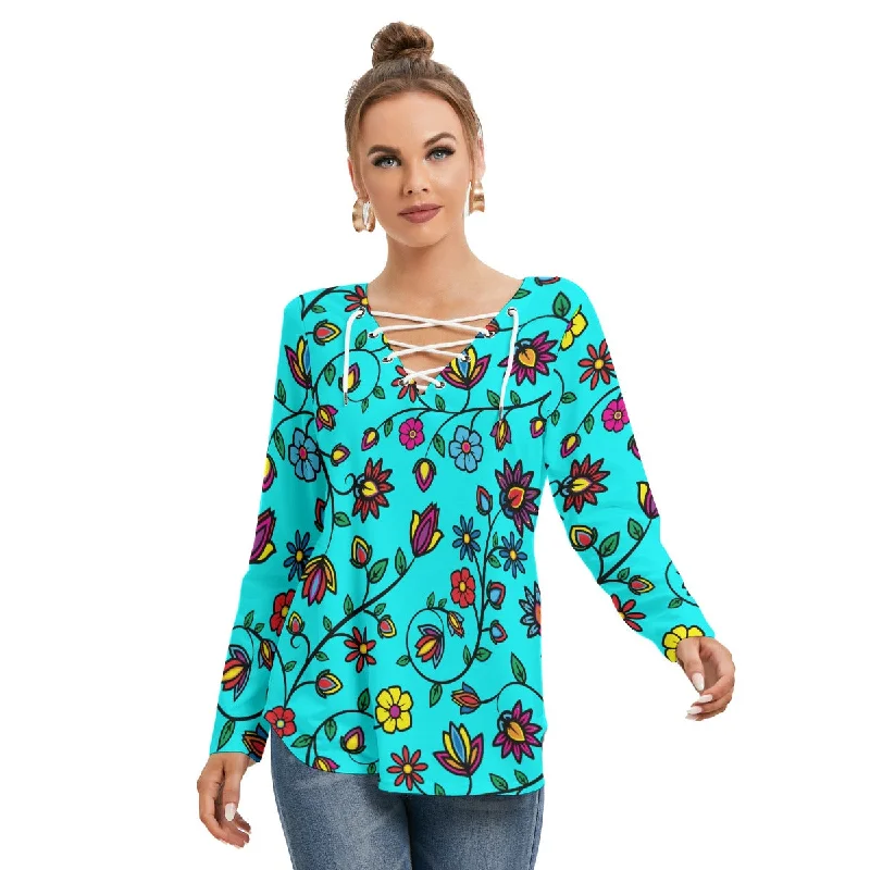 Nature's Nexus Turquoise Women's Long Sleeve Neckline Tie Sweatshirt Chic Hoodie Sweatshirt