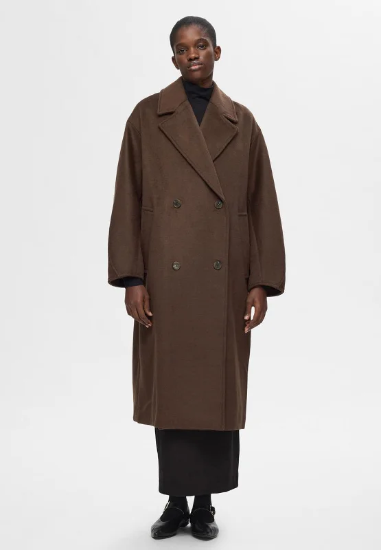 Selected Femme Elenora Long Wool Coat, Brown Women's long jackets