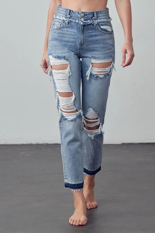 High Rise Double Waistband Released Hem Jeans