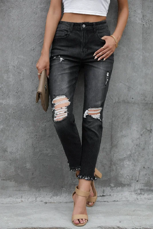 Blue Distressed Raw Hem Button Mid Waist Jeans