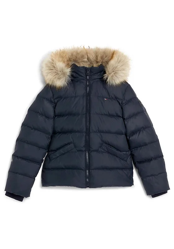 Tommy Hilfiger Girls Essential Down Fur Puffer Jacket, Desert Sky Women's polyester jackets