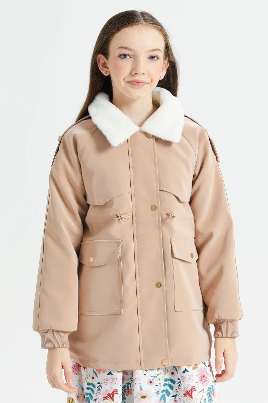 Senior Girls Pink Fur Collar Elasticated Waist Jacket Women's warm jackets