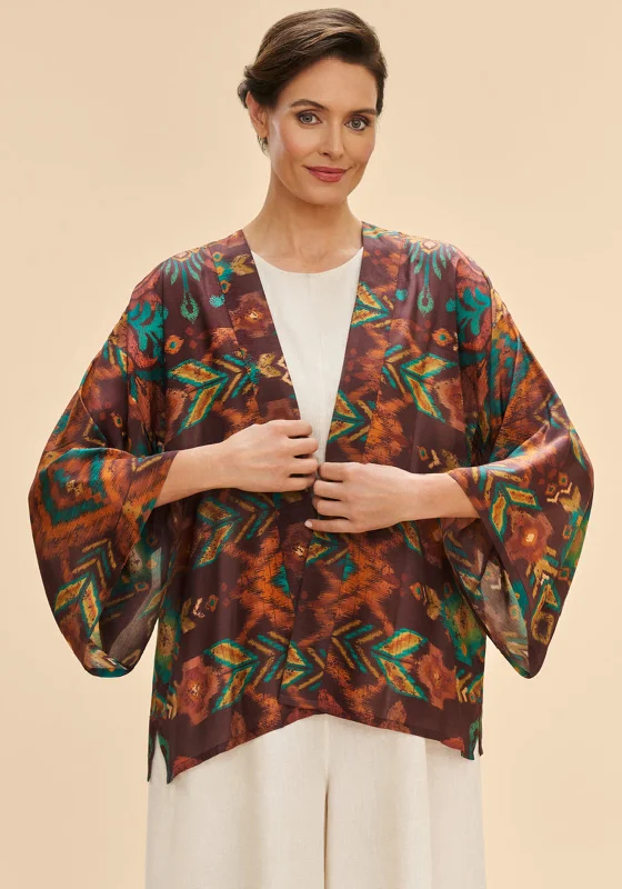 Powder Ikat One Size Kimono Jacket, Chocolate Women's running jackets