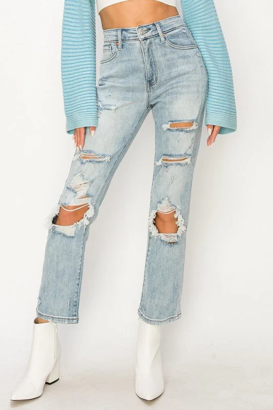 HIGH RISE DISTRESSED STRAIGHT JEANS