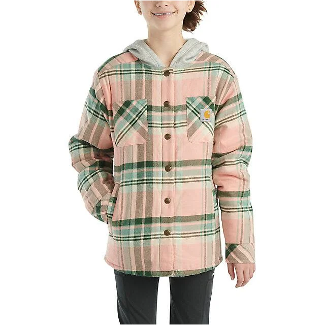 Girls' Long-Sleeve Flannel Snap Front Hooded Shirt Jacket - Tropical Peach Women's UV protection jackets