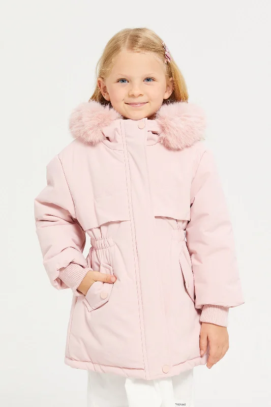 Girls Pink Puffer Long Line Sherpa Hood Jacket Women's Columbia jackets