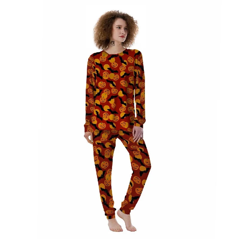 Bat And Pumpkin Halloween Print Pattern Women's Pajamas Cozy winter pajama sets