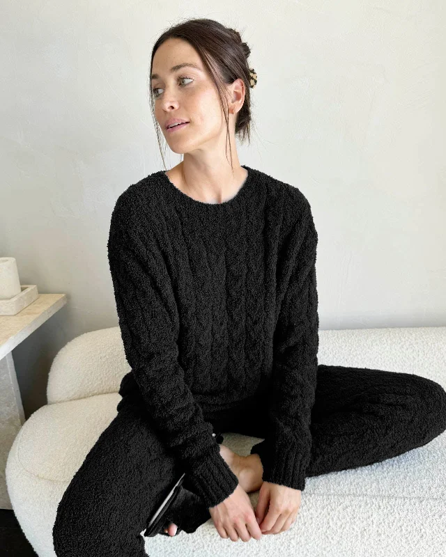 Black Fuzzy Cable Knit Sweater PJ Set Pajama sets with pockets