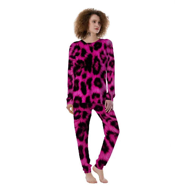 Black Cheetah And Hot Pink Print Women's Pajamas Movie night pajama sets