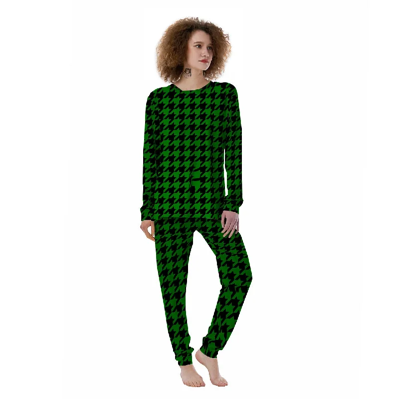 Black Green Jungle Houndstooth Print Women's Pajamas Button-up pajama sets