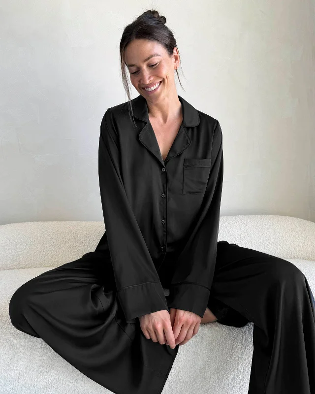 Black Satin Silk PJ Set Thermal pajama sets