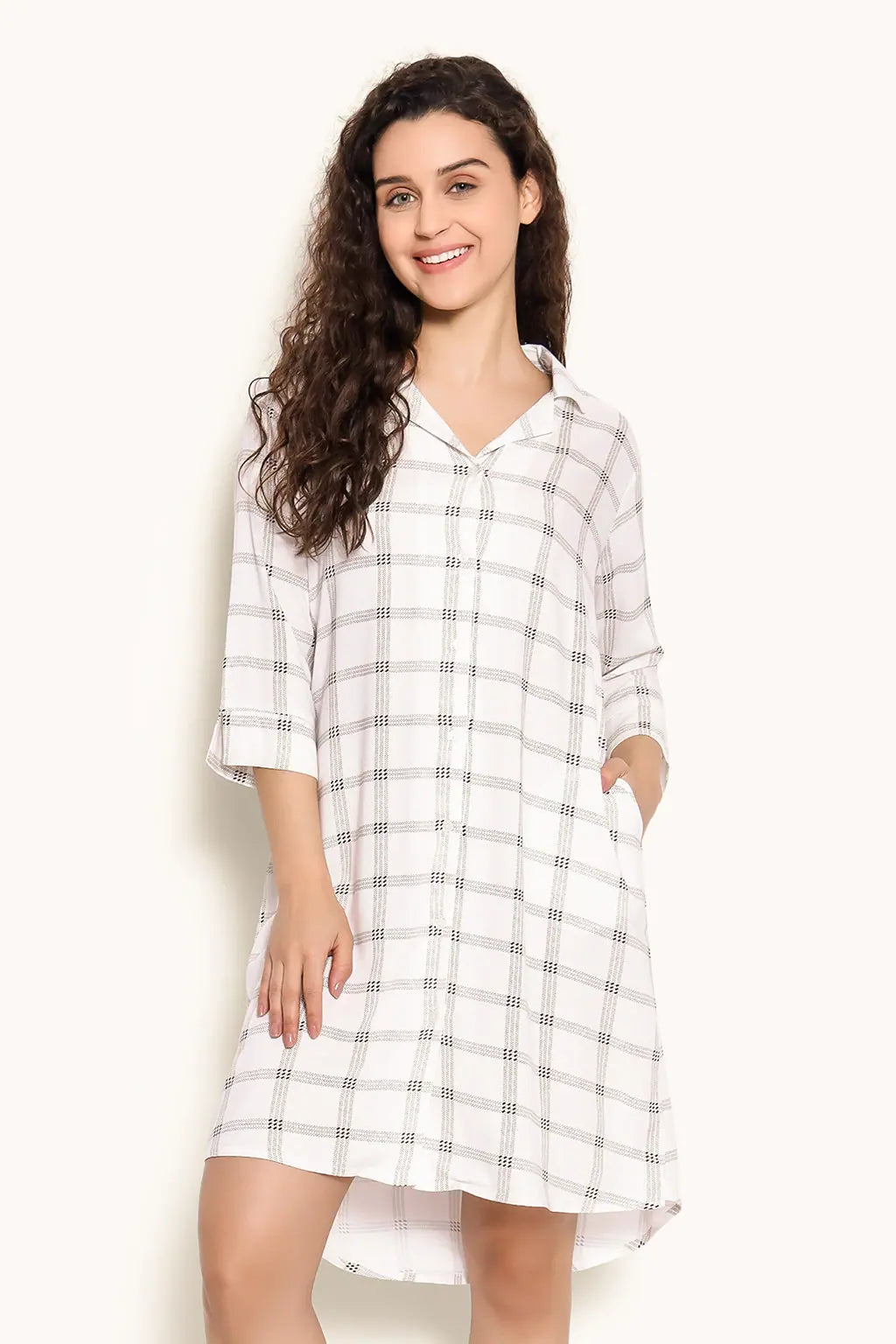 Classic Checks Button Down Sleep Shirt in White - Rayon Sleeveless pajama sets