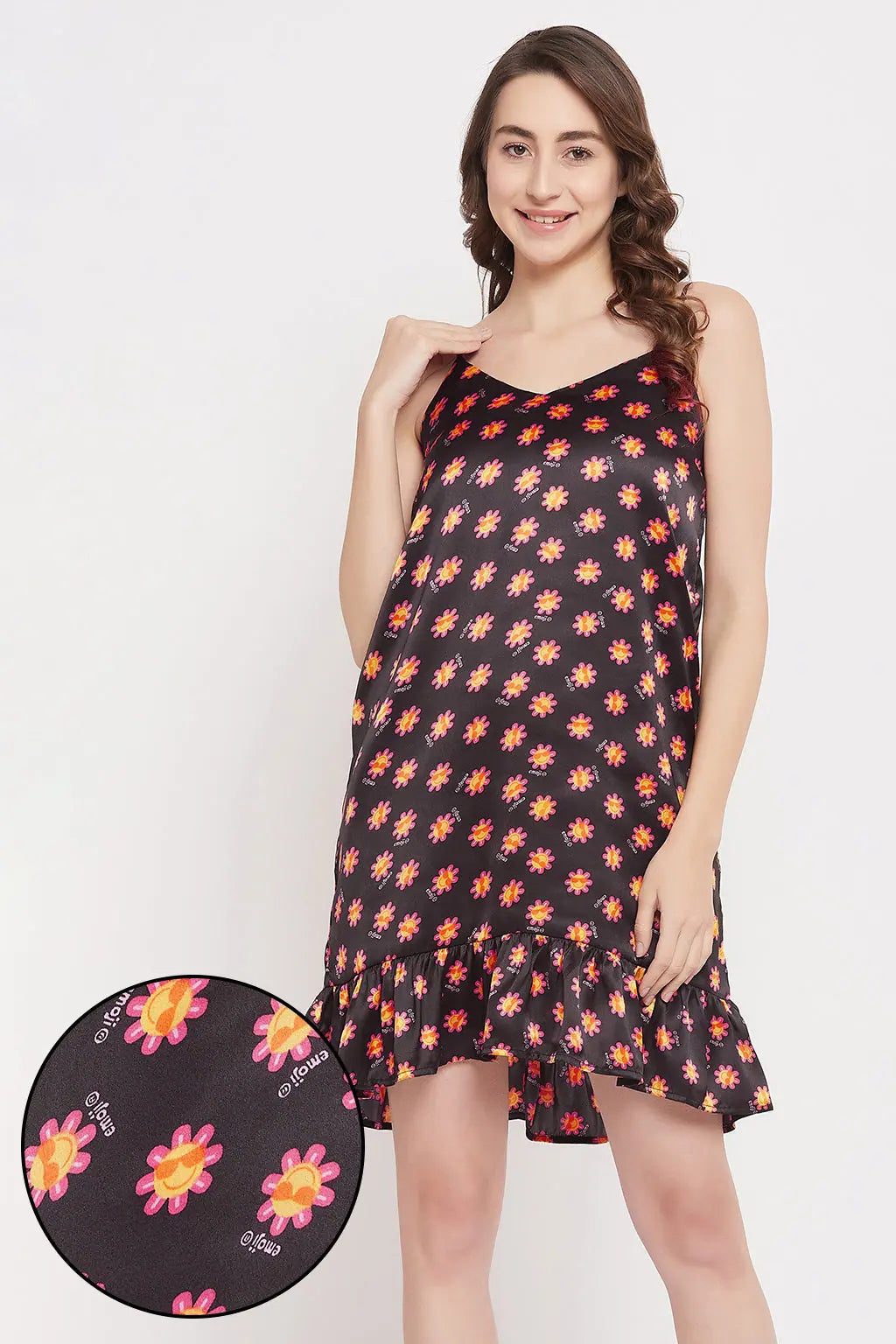 Emoji Print Short Night Dress in Black - Satin Women's pajama sets