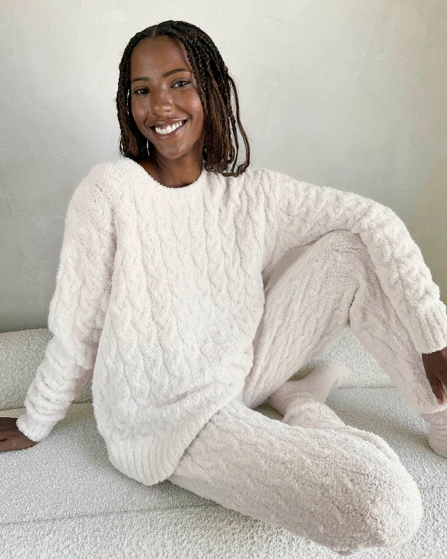 Ivory Fuzzy Cable Knit Sweater PJ Set Trendy pajama sets for women