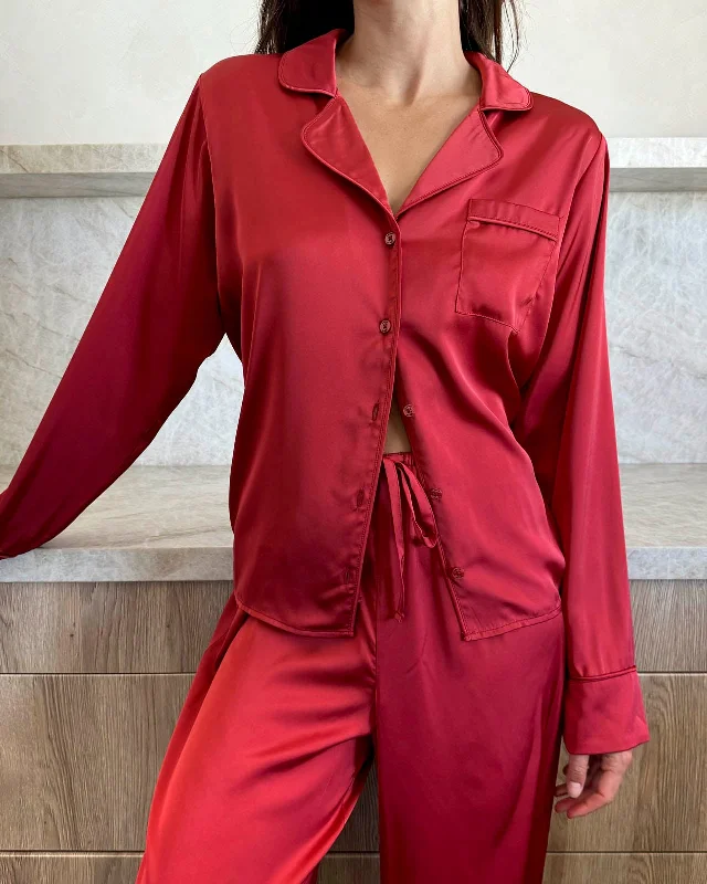 Red Satin Silk PJ Set Two-piece pajama sets