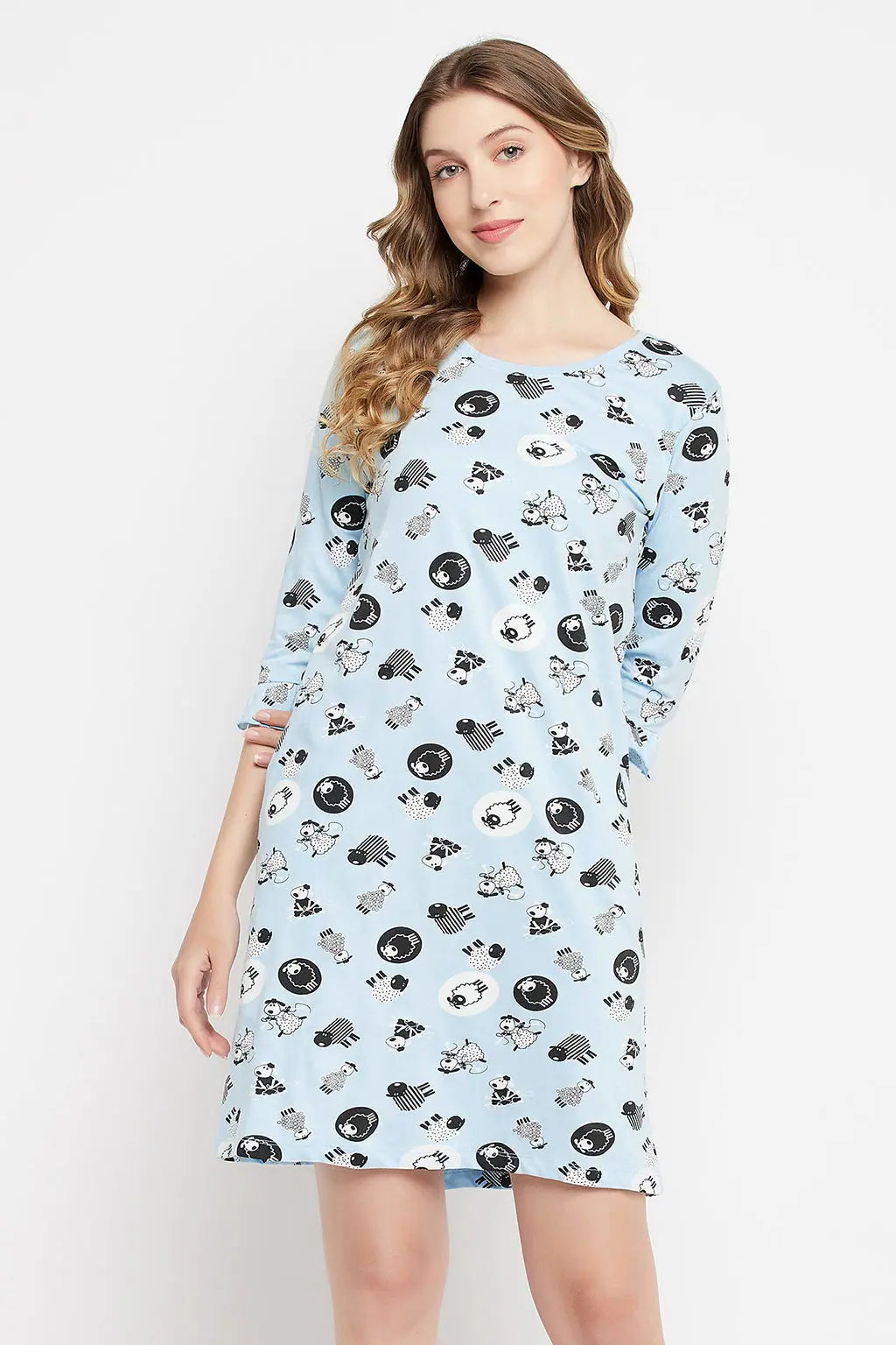 Sheep Print Short Night Dress in Baby Blue - 100% Cotton Sleepwear pajama sets