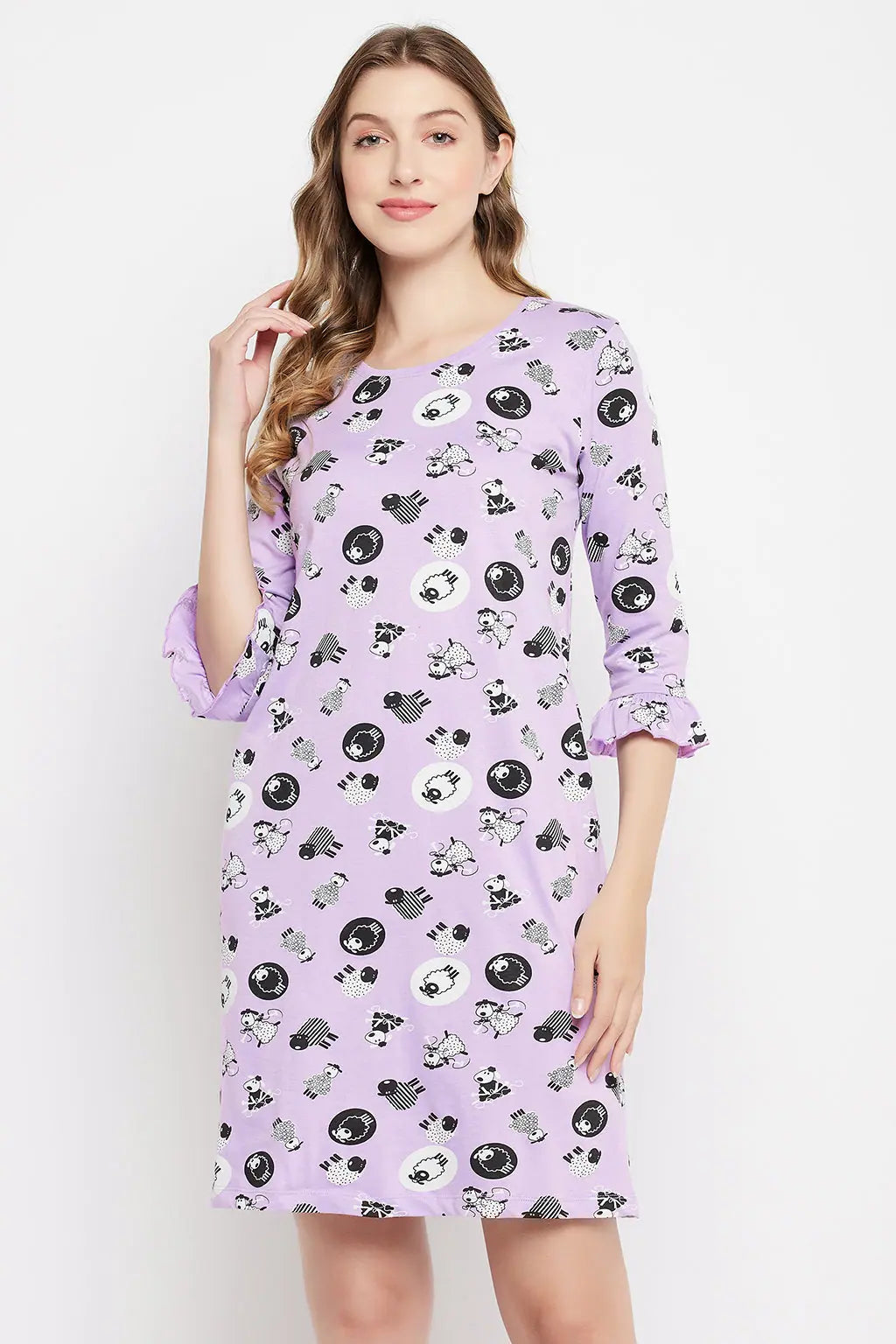 Sheep Print Short Night Dress in Lavender - 100% Cotton Bridal pajama sets