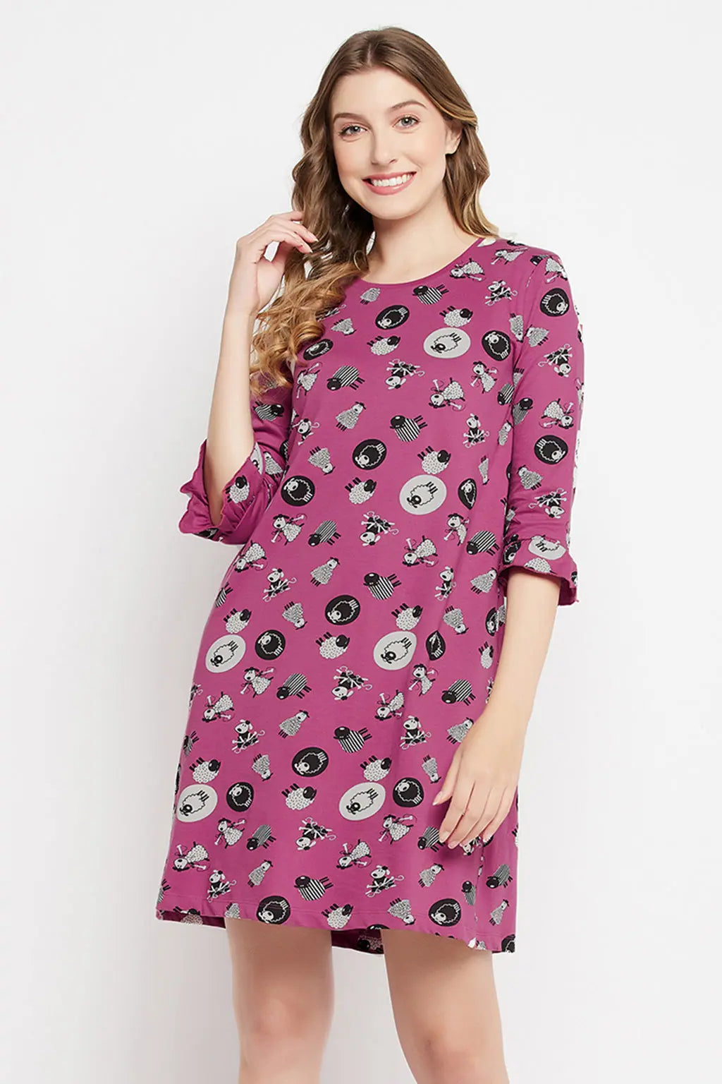 Sheep Print Short Night Dress in Mauve - 100% Cotton Best pajama sets for hot sleepers