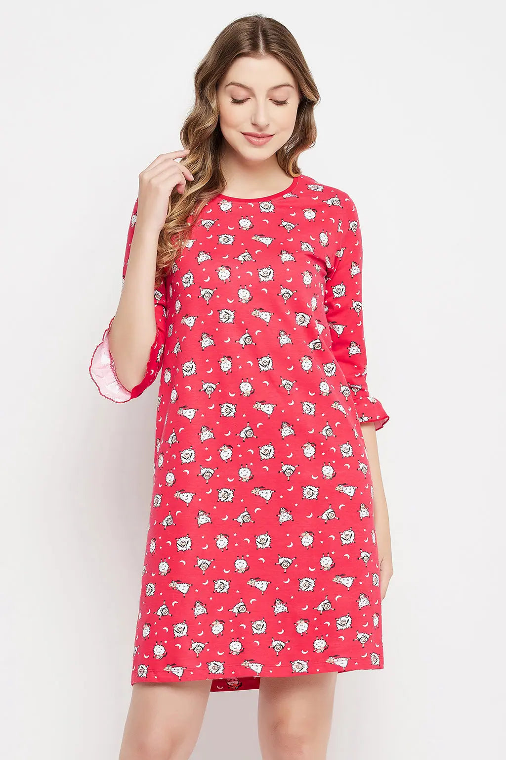 Sheep Print Short Night Dress in Red - 100% Cotton Jogger pajama sets