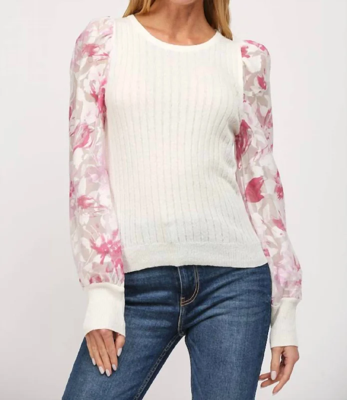 Floral Print Organza Sleeve Cable Knit Sweater In Cream Pink Budget-friendly sweaters