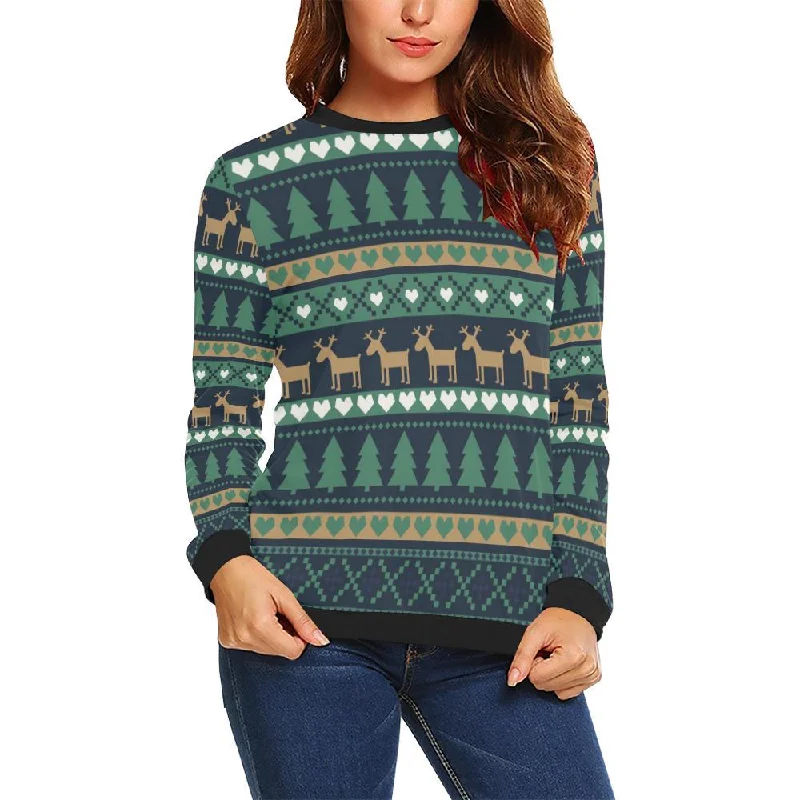 Moose Christmas Tree Pattern Print Women Crewneck Sweatshirt Best sweaters for cold weather