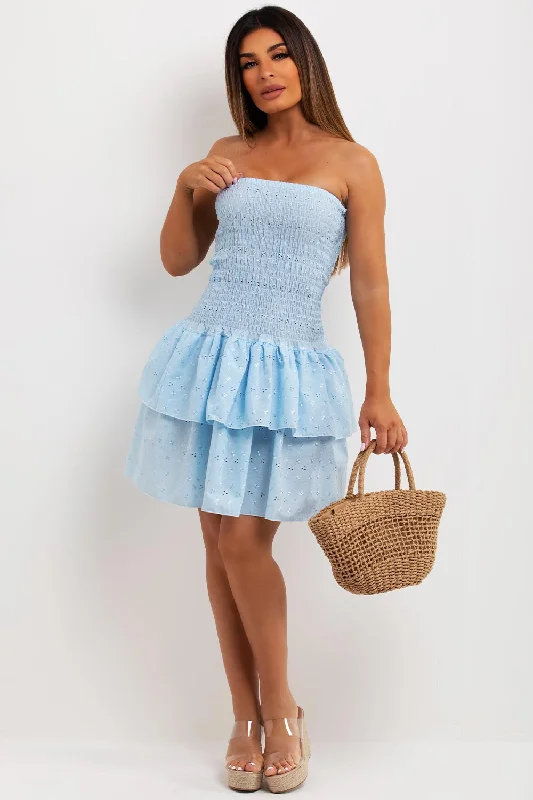 Broderie Anglaise Shirred Ruffle Bandeau Summer Dress Sky Blue Halter mini dresses