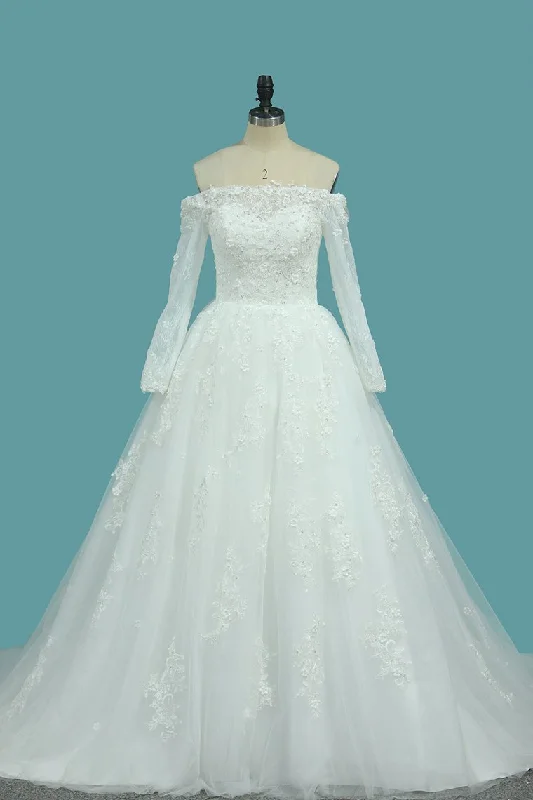 Boat Neck Tulle Wedding Dresses A Line With Applique And Beads Chapel Train Timeless Wedding Dress