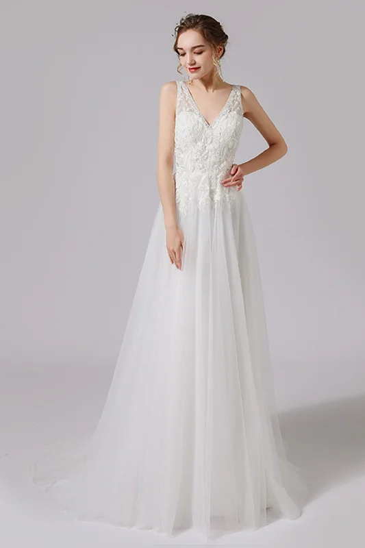 A-Line Sweep-Brush Train Lace Tulle Wedding Dress CW2723 Simple Wedding Dress