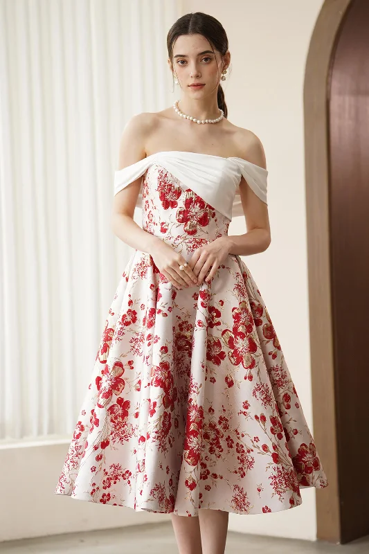 A-Line Tea Length Jacquard Satin Wedding Dress CW3317 Off-shoulder Gown