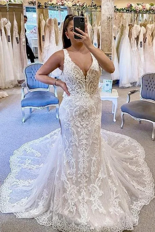 Amazing Mermaid V-neck Long Lace Wedding Dress Classy Bridal Gowns Y0157 Short Wedding Gown