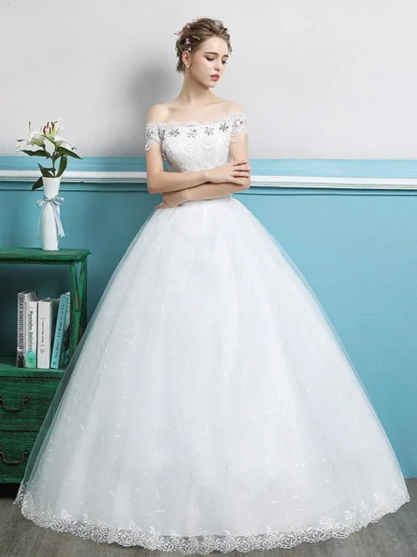 Ball Gown Wedding Dresses Off Shoulder Floor Length Lace Tulle Polyester Sleeveless Romantic Mermaid Lace Gown