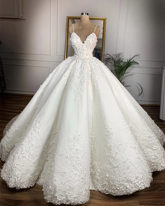 V Neck Satin Wedding Dresses Ball Gown Lace Embroidery Ruffle Wedding Gown