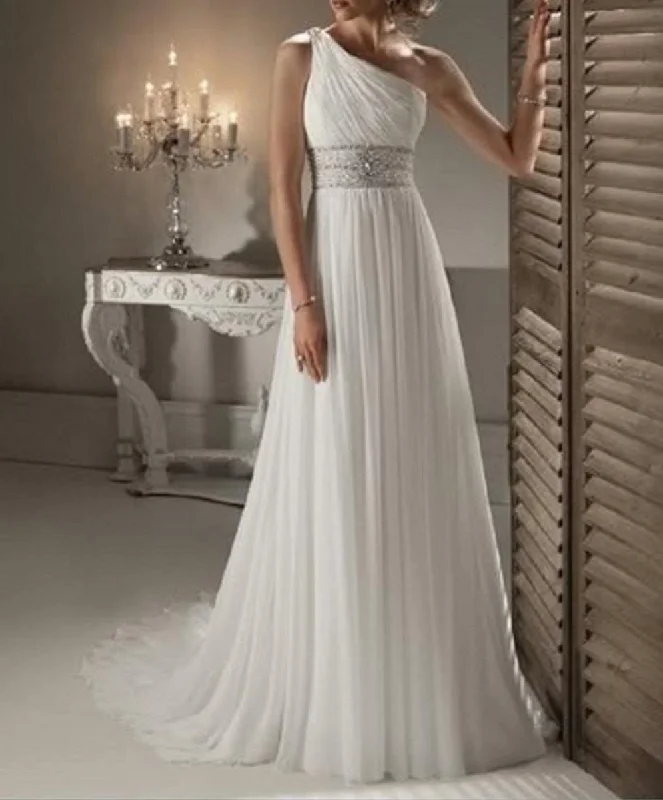 One Shoulder Chiffon Beach Wedding Dress  at Bling Brides Bouquet online Bridal Store Silk Wedding Gown