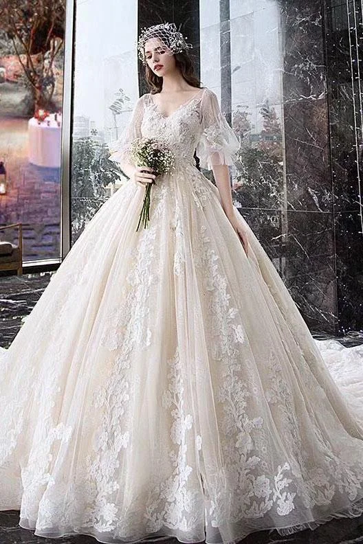 Charming Half Sleeves Ball Gown V Neck Wedding Dress,Princess Bridal Dress N1626 Glitter Wedding Dress