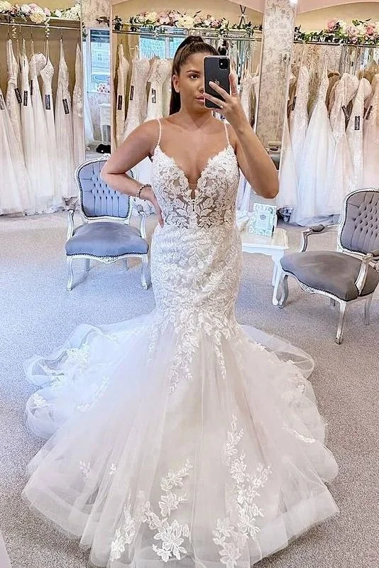 Charming Long Mermaid Spaghetti Straps Wedding Dress Bridal Dress Y0160 Long Sleeve Gown