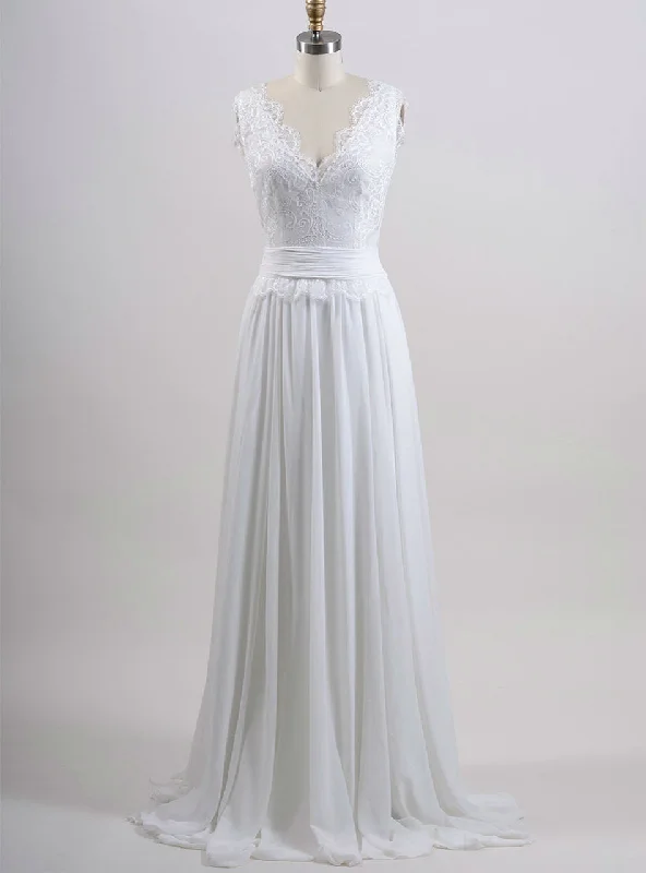 Chiffon Wedding Gown A line Summer Wedding Dress Lace Bridal Dress Lace Boho Dress