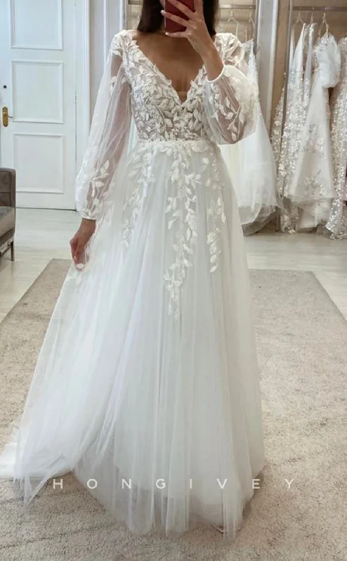 H1609 - Tulle V-Neck Empire Long Sleeve Lace Applique Classic A-Line Boho Wedding Dress Crystal Wedding Dress