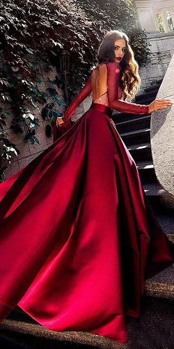 G6782, Wine Satin Slit Cut Trail Gown, Size (All)pp Modern Bridal Gown