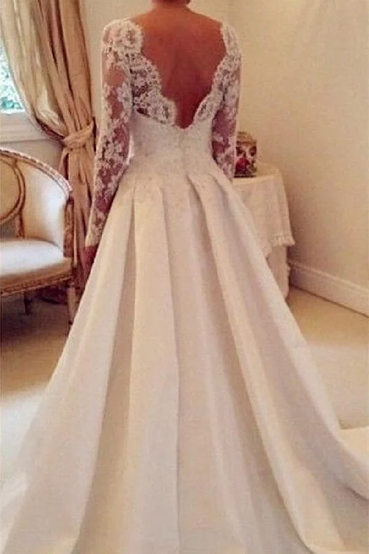 A-line Ivory Long Sleeves Lace Satin Open Back Modest Wedding Dress Lace Train Dress