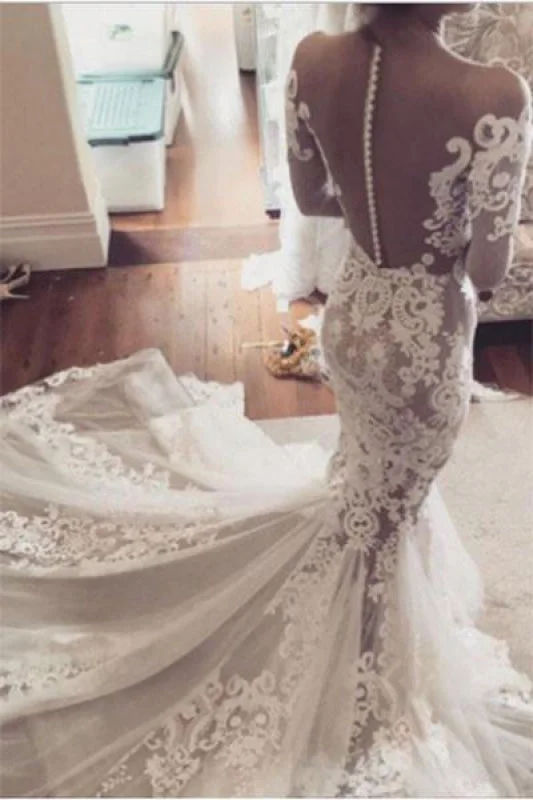 Pretty Mermaid Lace Appliques Long Sleeves Sheer Tulle Wedding Dress Modern Lace Gown