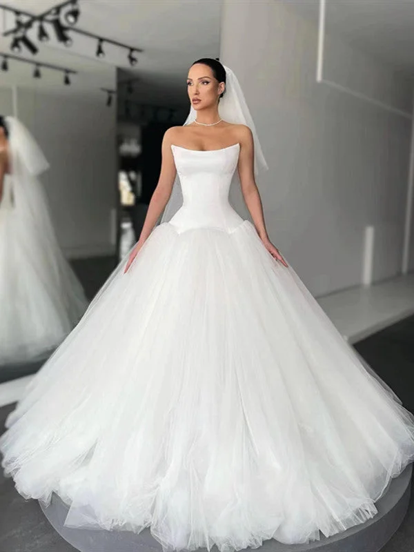 Strapless A-line Wedding Dresses, Simple Bridal Gowns, Newest Tulle Wedding Gowns Princess Bridal Dress