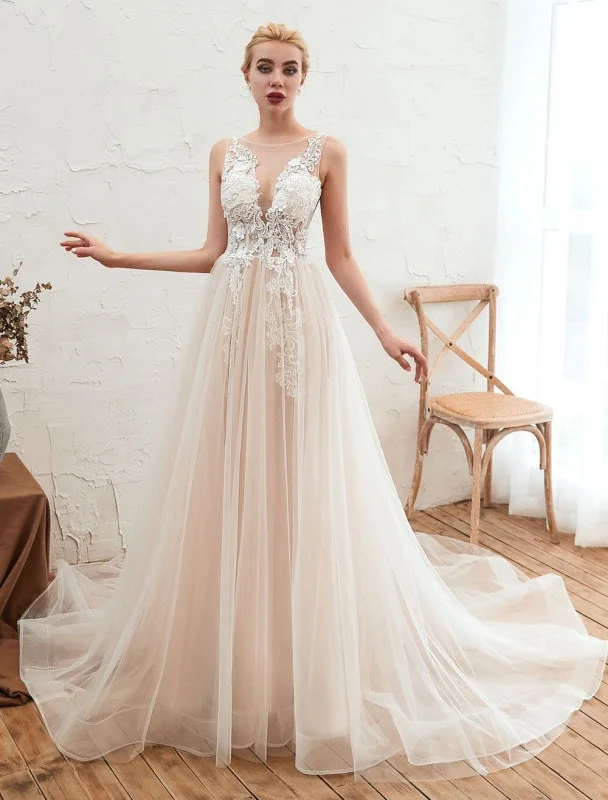 Wedding Dress 2021 V Neck Sleeveless A Line Tulle Bridal Gowns With Train Full Skirt Wedding