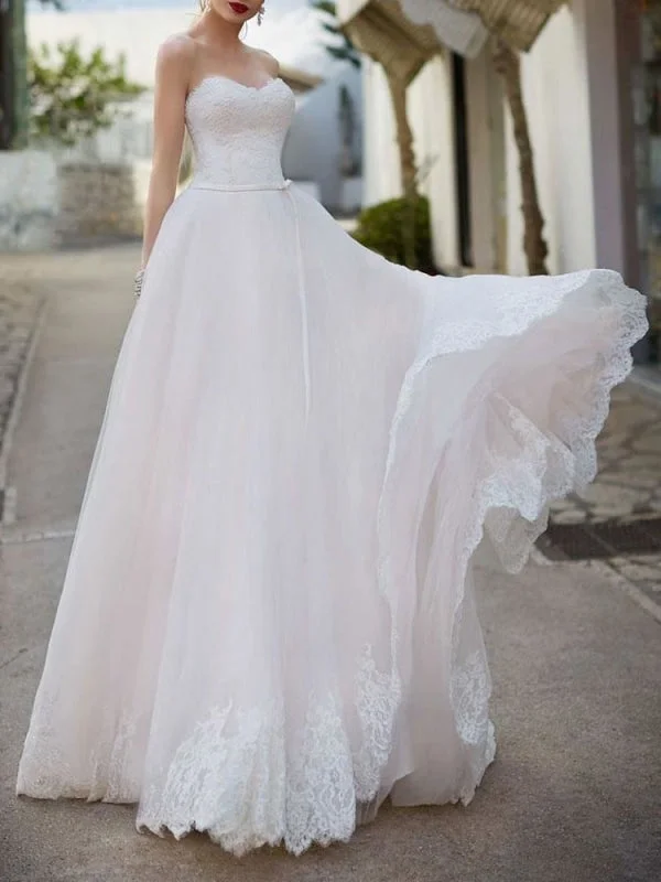 Wedding Dress Sweetheart Neck Sleeveless Floor Length Lace Bridal Gowns With Train Sleeveless Bridal Gown