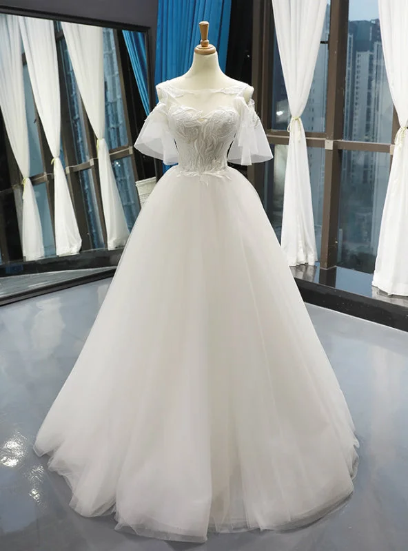 White Tulle Appliques Cold Shoulder Backless Floor Length Wedding Dress Chic Wedding Gown